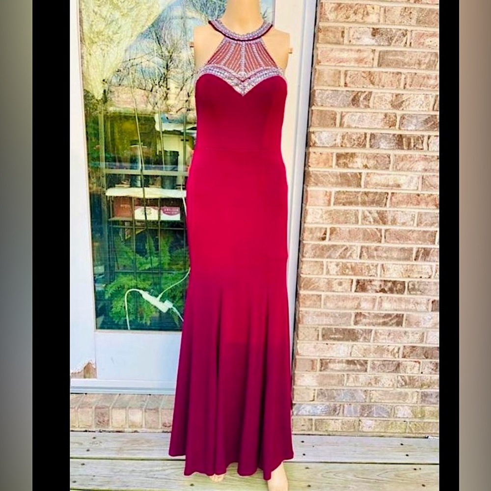 Wine Diamond Glam Formal Halter Prom Dress